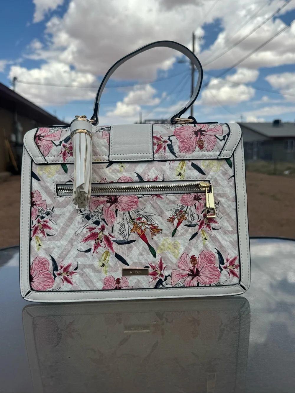 Aldo White Floral Top-Handle Satchel